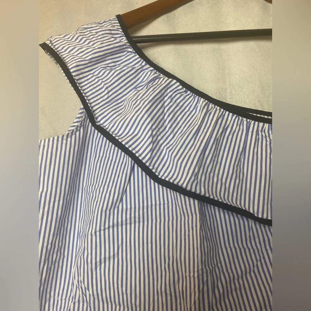 J. Crew One-Shoulder Blue White Pinstripe Ruffle Preppy Summer Coastal Top 2